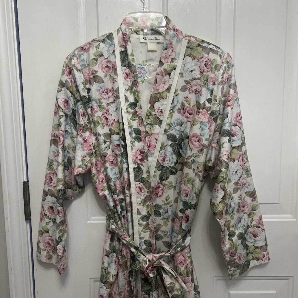 Vintage Christian Dior Cotton Long Belted Robe Shoulder Padded Floral Medium